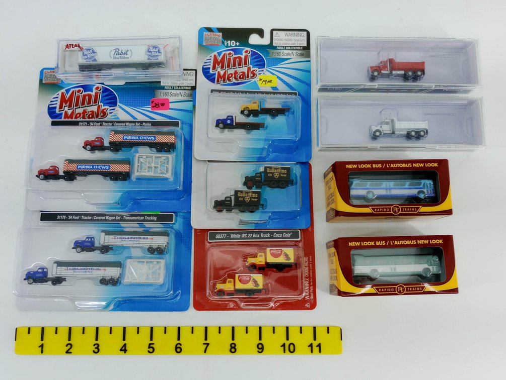 ASSORTED N SCALE MINI METALS, TRAINWORX & RAPIDO TRUCKS, BUSES & TRAILER INV 263330166