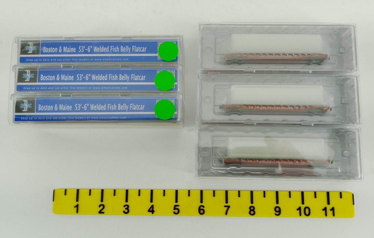 6 WHEELS OF TIME N SCALE B&M & WESTERN MARYLAND 53'-6" FLATCARS, 6 OBS INV 263330178