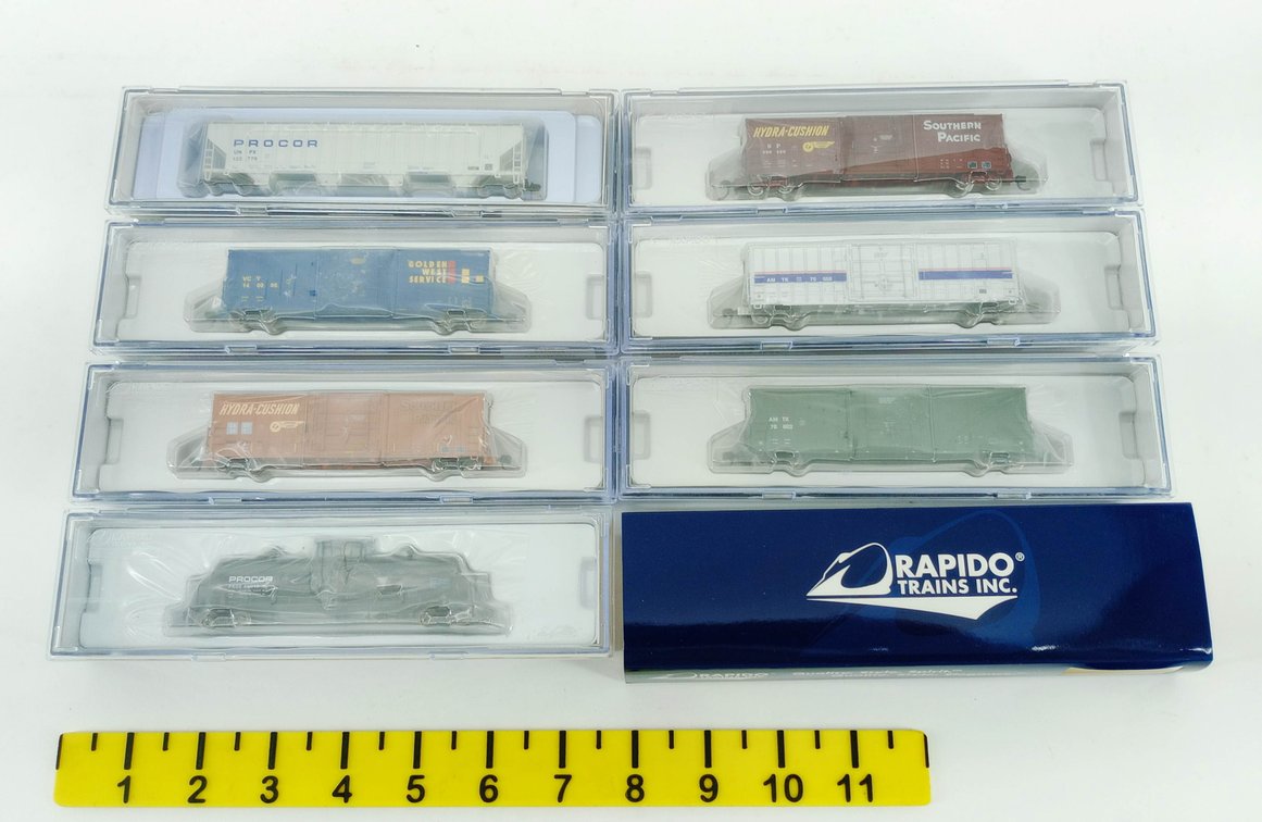 7 RAPIDO N SCALE ASSORTED B-100-40 BOXCARS, PROCOR HOPPER & TANK CAR, 7 OBS INV 263330187