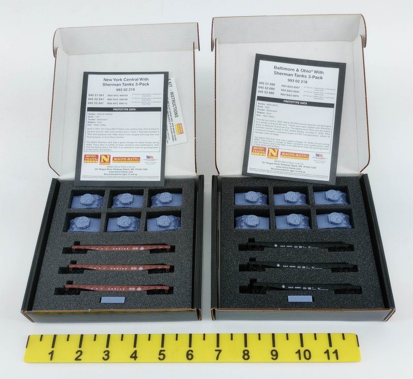 2 MICRO-TRAINS N SCALE NYC & B&O FLAT CARS W/ SHERMAN TANKS 3-PACKS, 2 OBS INV 263330190