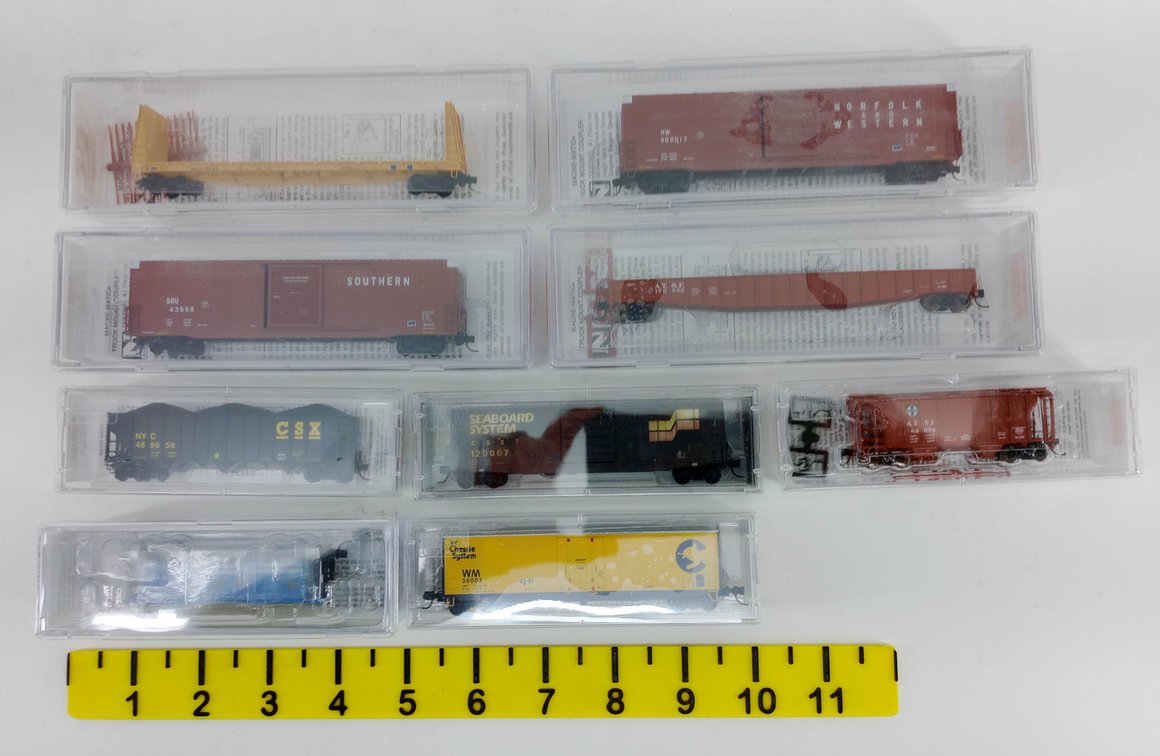 9 ASSORTED MICRO-TRAINS N SCALE FREIGHT CARS & BLUFORD SHOPS CABOOSE, 9 OBS INV 263330193