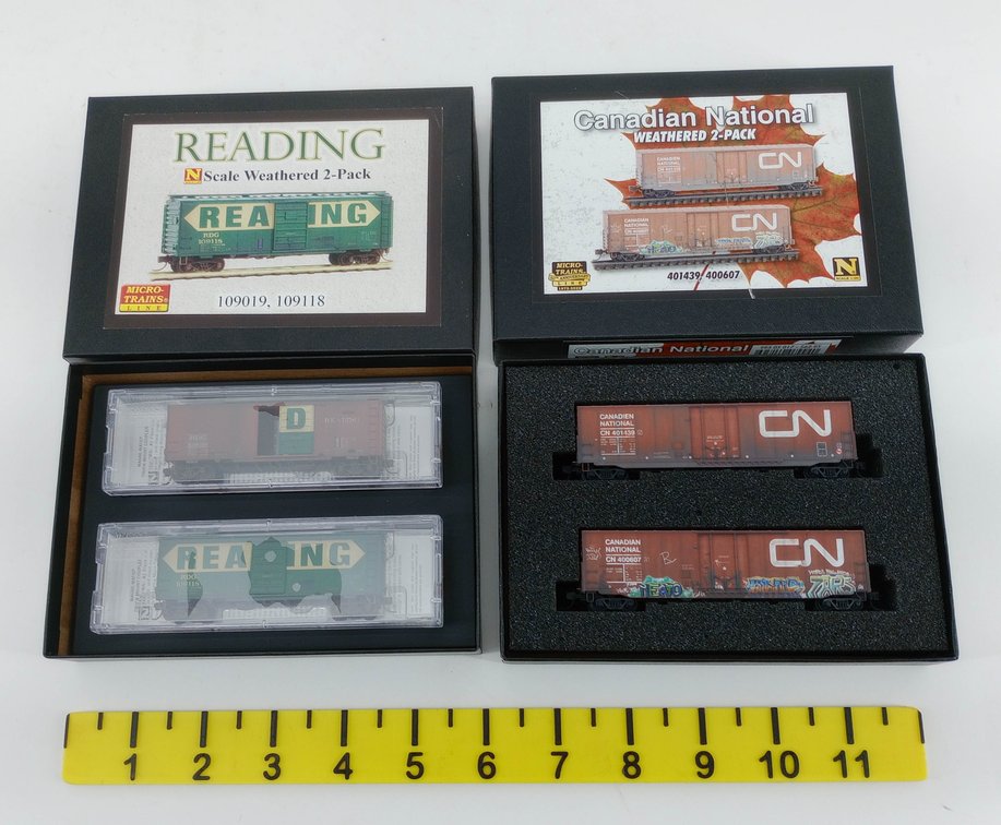 2 MICRO-TRAINS LINE N SCALE WEATHERED 2-PACKS READING & CANADIAN NATIONAL BOXCARS, 2 OBS INV 263330191