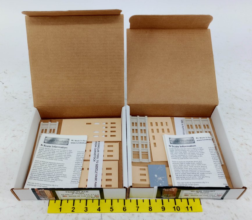 2 LUNDE STUDIOS N SCALE NK-13 PARK PLACE & NK-14 BLAIR TRUST BUILDING KITS, 2 OBS NNC INV 263330217