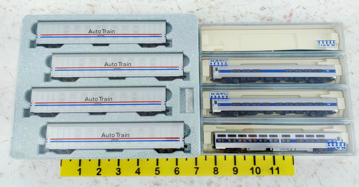 7 KATO N SCALE AMTRAK AUTO TRAIN AUTORACKS & PASSENGER CARS, 2 OBS INV 263330229
