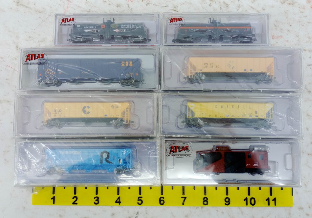 8 ASSORTED ATLAS N SCALE CSX CHESSIE NYC ROCK CARGILL TANK CARS HOPPERS & SNOW PLOW, 8 OBS INV 263330232