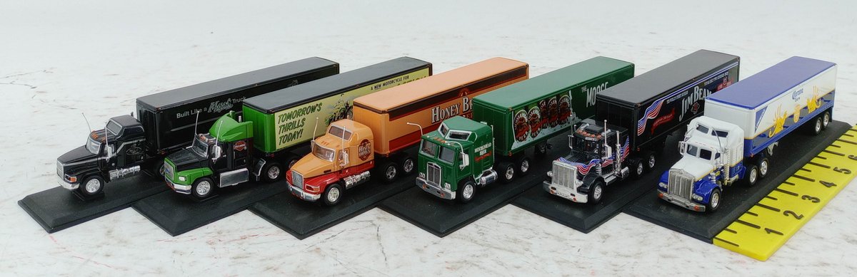 6 DIE-CAST SEMI TRUCKS MACK HARLEY-DAVIDSON HONEY BROWN MOOSEHEAD JIM BEAM CORONA ON DISPLAY BASES INV 263330293