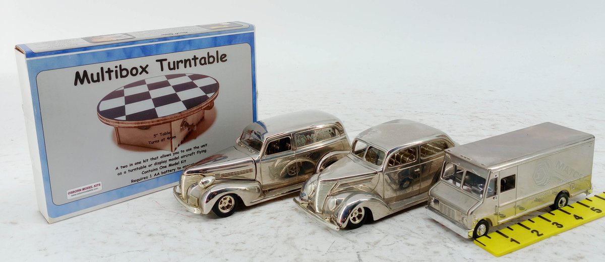 3 MATCO TOOLS SILVER TONE DIE-CAST VEHICLES PANEL TRUCK SEDAN & STEP VAN WITH OSBORN MULTIBOX TURNTABLE KIT NNC OB INV 263330298