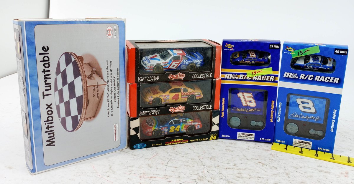 3 QUARTZO 1/43 DIE-CAST NASCAR CARS, 2 SUNOCO MINI MICRO R/C RACERS & OSBORN MULTIBOX TURNTABLE KIT OB INV 263330300
