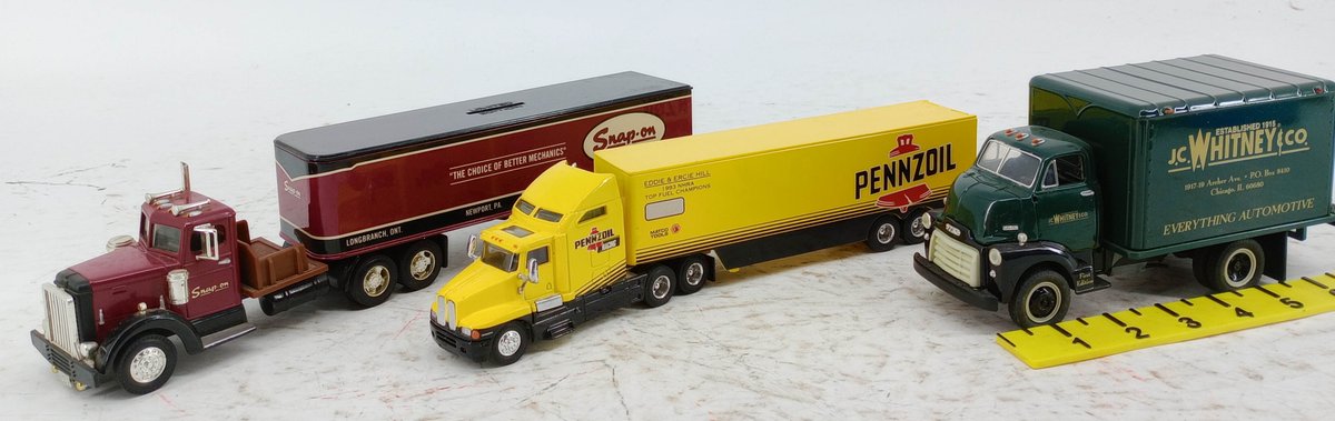 3 DIE-CAST TRUCKS SNAP-ON SEMI PENNZOIL MATCO TOOLS SEMI & J.C. WHITNEY & CO GMC BOX TRUCK INV 263330302