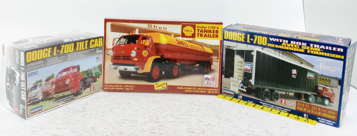 3 LINDBERG 1/25 DODGE L-700 MODEL KITS TILT CAB SHELL TANKER TRAILER & BOX TRAILER NNC 3 OB INV 263330308