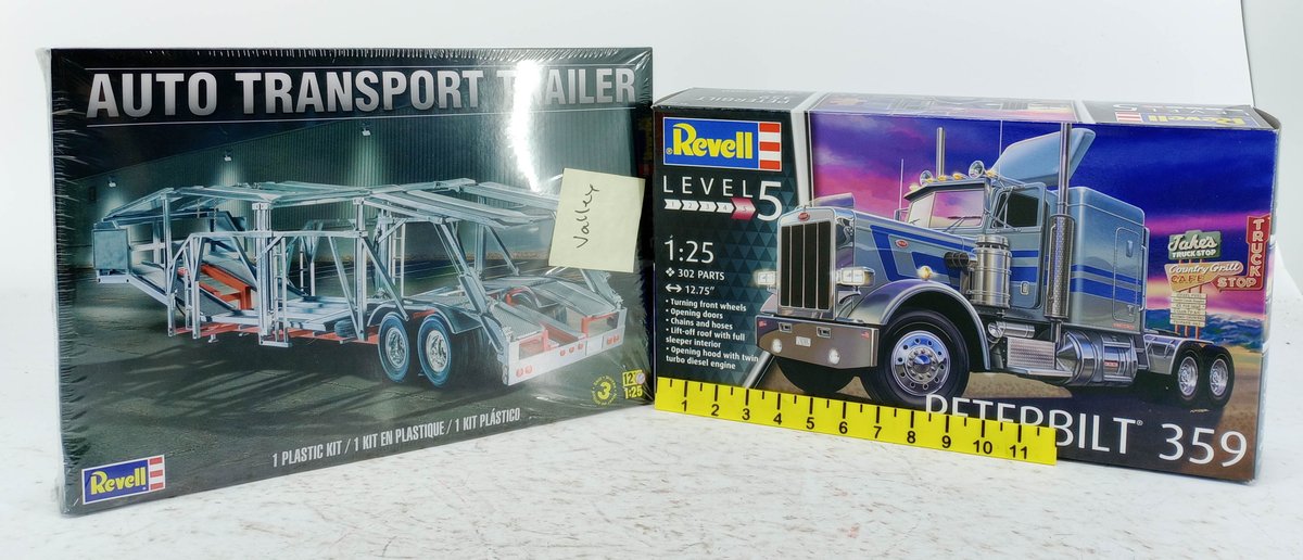 2 REVELL 1:25 MODEL KITS PETERBILT 359 & AUTO TRANSPORT TRAILER 2 OB INV 263330313