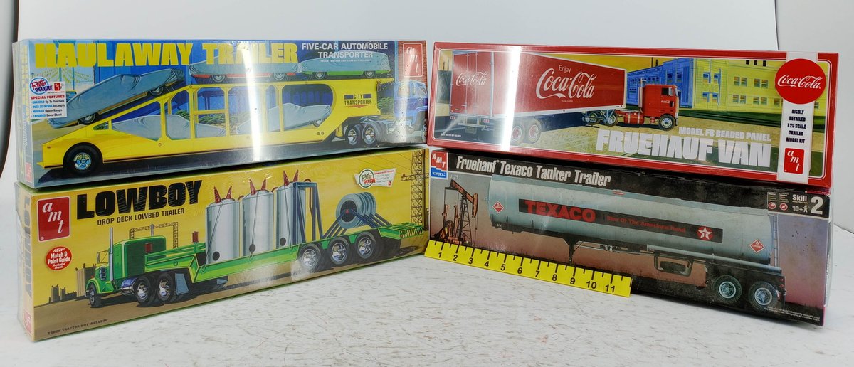 4 AMT 1/25 SCALE TRAILER MODEL KITS HAULAWAY LOWBOY FRUEHAUF COCA-COLA VAN & TEXACO TANKER NNC 4 OB INV 263330318