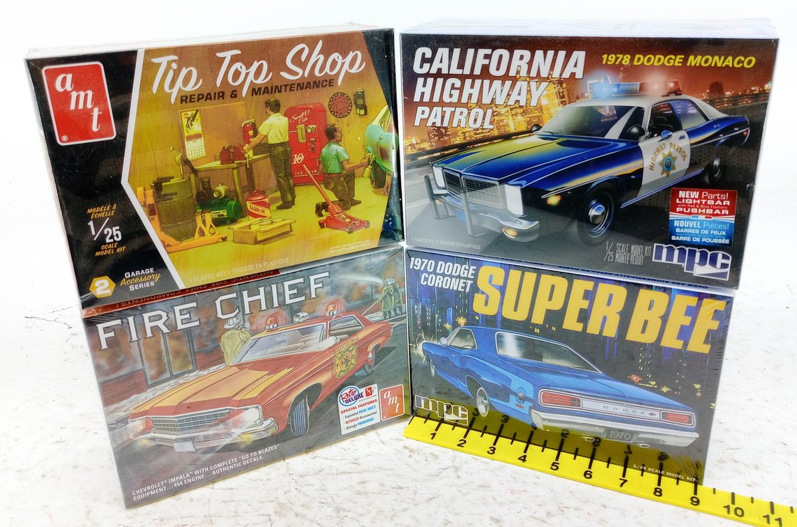 4 AMT/MPC 1/25 MODEL KITS TIP TOP SHOP CHP DODGE MONACO FIRE CHIEF IMPALA SUPER BEE SEALED 4 OB INV 263330322