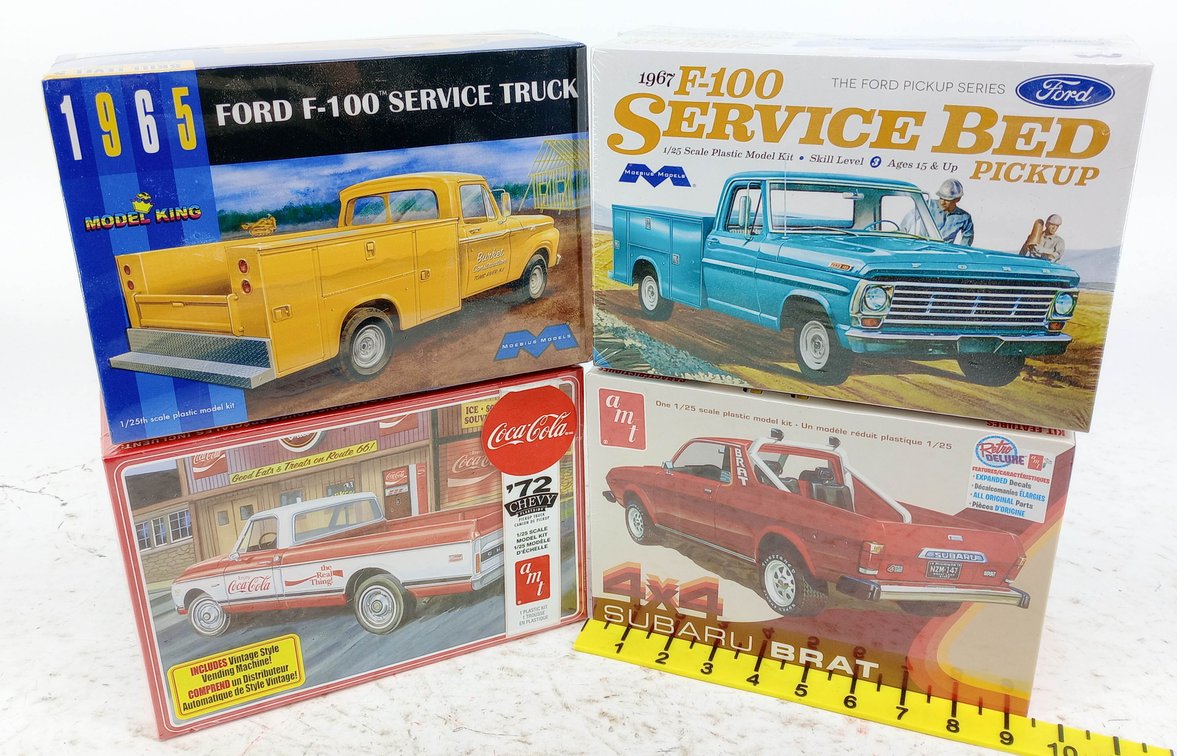 4 AMT & MOEBIUS 1/25 MODEL KITS FORD F-100 SERVICE TRUCKS SUBARU BRAT '72 CHEVY COCA-COLA SEALED 4 OB INV 263330323