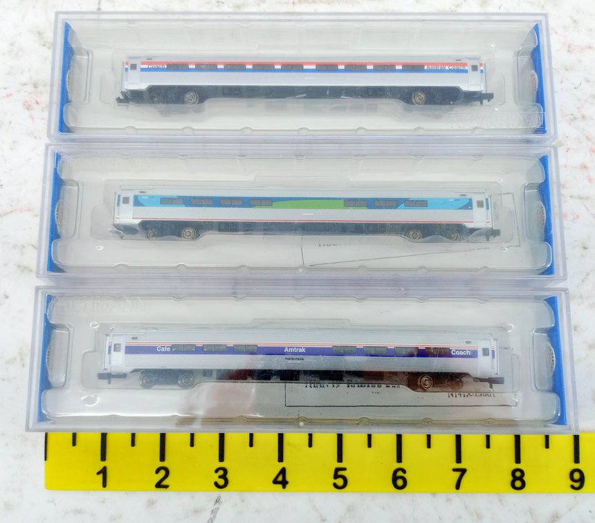 3 BACHMANN N SCALE 14157, 14162, 14163 AMTRAK 85' AMFLEET I COACH & CAFE CARS, 3 OBS INV 263330347