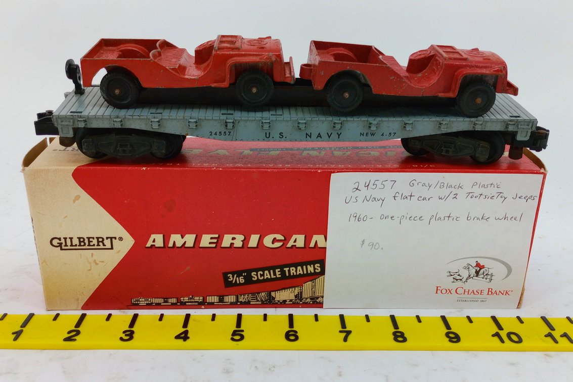 AMERICAN FLYER 24557 US NAVY FLATCAR W/ 2 TOOTSIE TOY JEEPS W/ OB INV 263360019