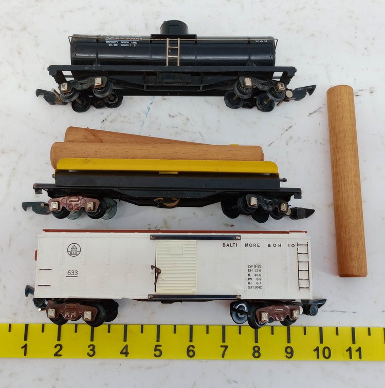AMERICAN FLYER 633 B&O BOX CAR W/6681 SHELL TANK CAR & 717 FLAT CAR W/ LOG LOADS INV 263360024