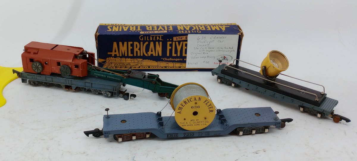 AMERICAN FLYER 634 LINK COUPLER C&NWRY FLOODLIGHT CAR W/OB, 636 DROP CENTER & 644 BOOM HOIST INV 263360028