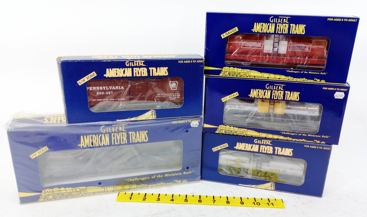 5 AMERICAN FLYER S GAUGE FREIGHT CARS INCL PENNSYLVANIA, CAMPBELLS, SUNOCO & CHESSIE, 5 OBS INV 263360036