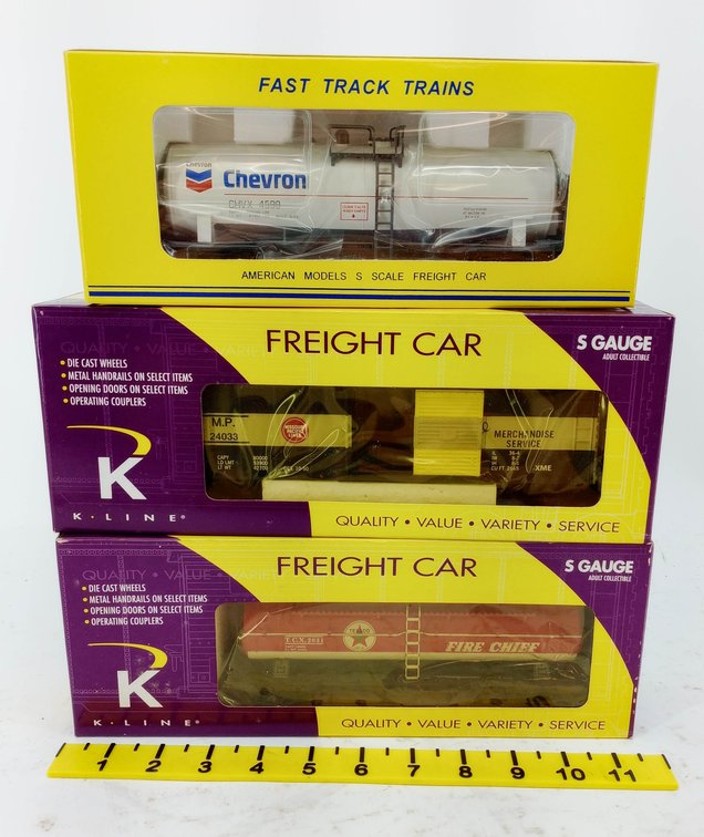 3 S GAUGE K-LINE & AMERICAN MODELS CHEVRON, MISSOURI PACIFIC & TEXACO FREIGHT CARS, 3 OBS INV 263360038