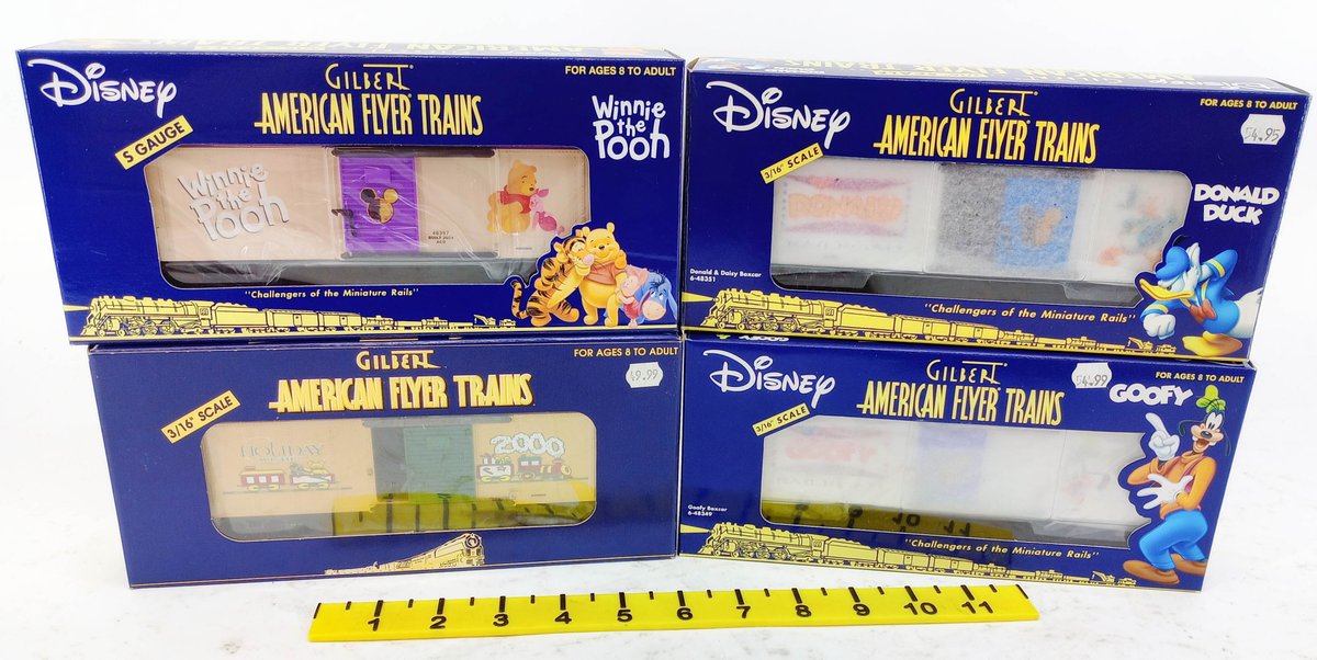 4 AMERICAN FLYER DISNEY BOXCARS 6-48357 POOH, 6-48351 DONALD, 6-48349 GOOFY, 6-48340 CHRISTMAS, 4 OBS INV 263360037