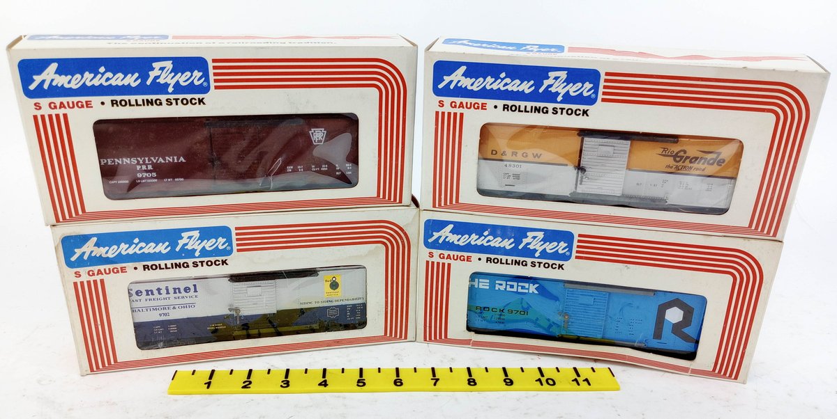4 AMERICAN FLYER S GAUGE PRR, B&O, D&RGW & ROCK BOXCARS, 4 OBS INV 263360040