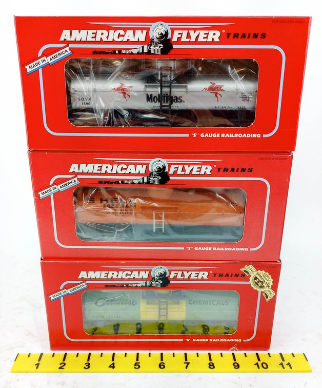 3 AMERICAN FLYER S GAUGE TANK CARS MOBILGAS, SHELL & CELANESE, 3 OBS INV 263360044
