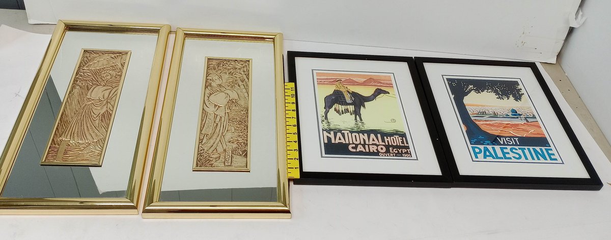 4 FRAMED WALL ART 2 BRASS EMBOSSED GEISHA MIRROR PANELS & 2 TRAVEL POSTER PRINTS NATIONAL HOTEL CAIRO VISIT PALESTINE INV 263360048
