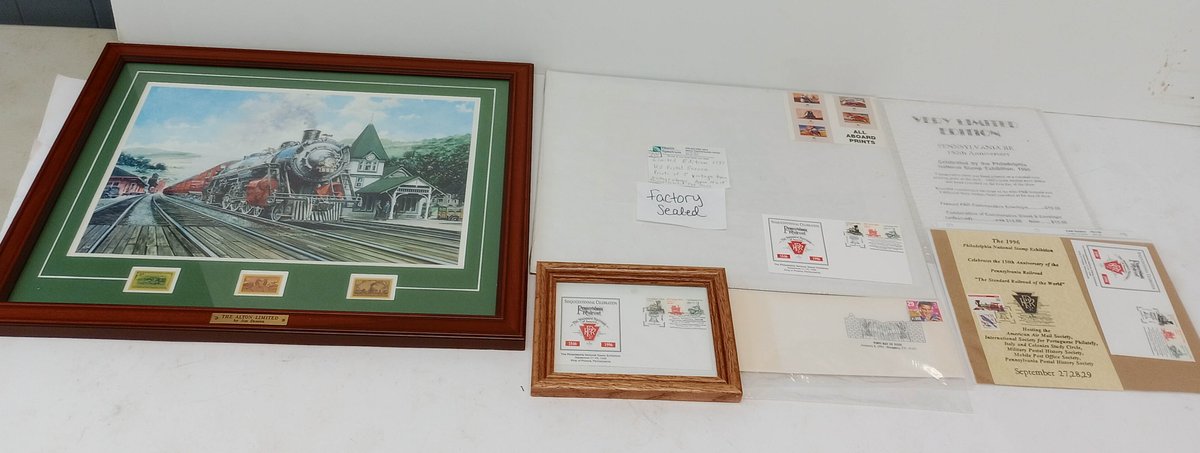 FRAMED THE ALTON LIMITED JIM DENEEN TRAIN PRINT W/ STAMPS & PENNSYLVANIA RR 150TH ANNIVERSARY COVERS, ELVIS FDC INV 263360050