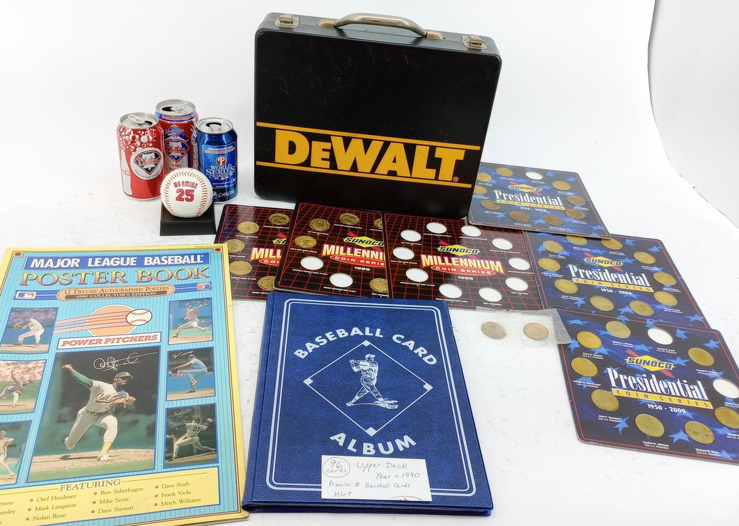 DEWALT CORDLESS DRILL AND CASE, SUNOCO MILLENNIUM & PRESIDENTIAL COIN SETS, MLB POSTER BOOK, 96 UPPER DECK BASEBALL CARDS IN ALBUM, PHILLIES CANS & MCGWIRE BALL INV 263360052