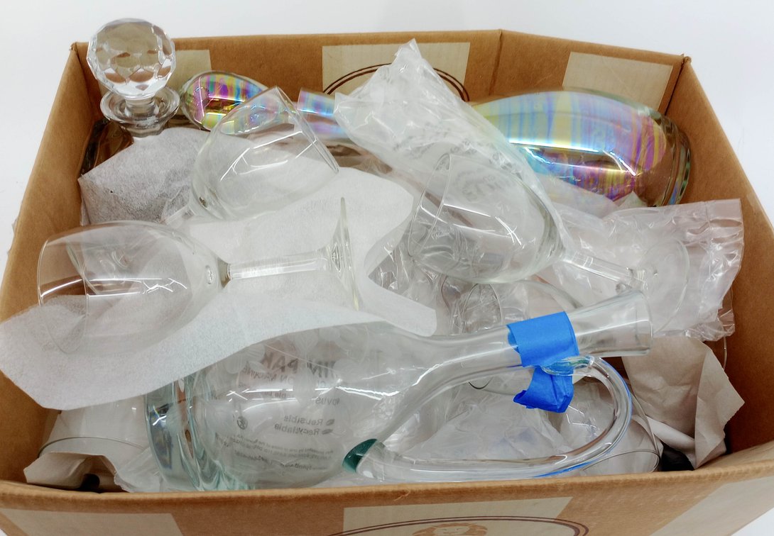 3 GLASS DECANTERS CUT CRYSTAL IRIDESCENT & ETCHED WITH STOPPERS & ASSORTED WINE GLASSES INV 263360051