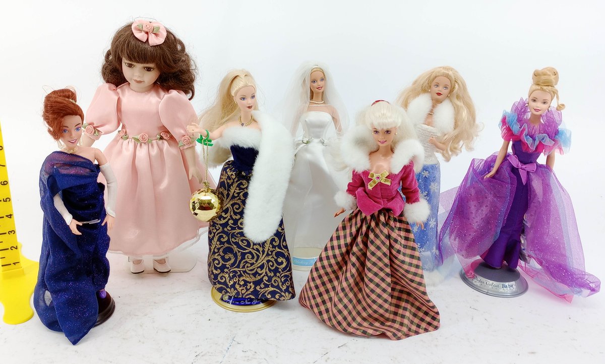 6 BARBIE DOLLS BLUSHING BRIDE SNOW SENSATION WINTER VELVET RING IN THE NEW YEAR & PORCELAIN DOLL WITH STANDS INV 263360054