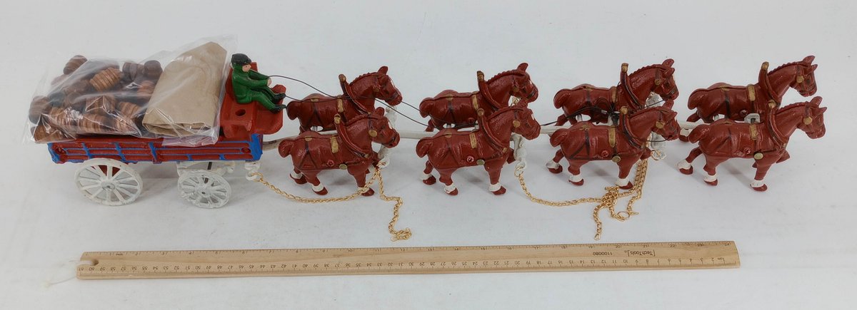 CAST IRON HORSE-DRAWN WAGON W/DRIVER & BARRELS INV 260015250