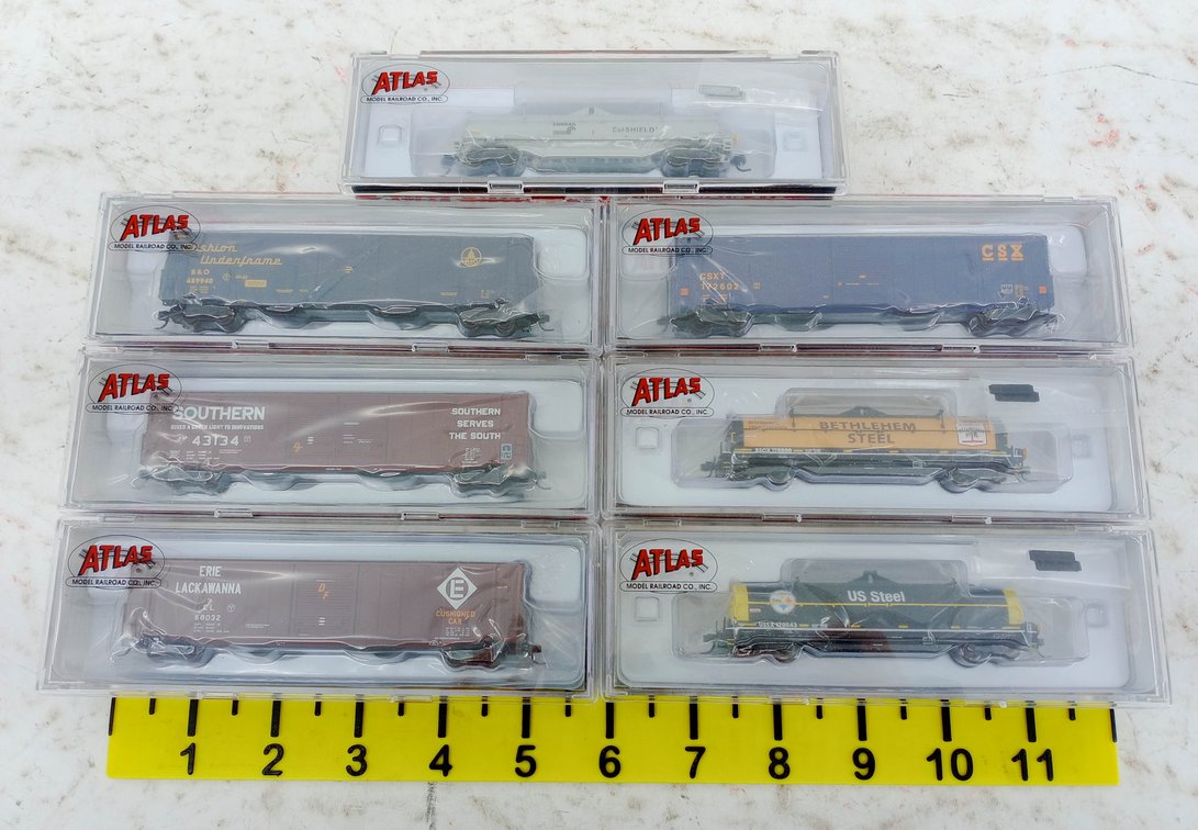 7 ATLAS N SCALE BOX CARS & COIL STEEL CARS, 7 OBS INV 263330357
