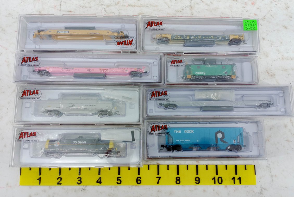 8 ASSORTED ATLAS N SCALE FREIGHT CARS, TTX, CONRAIL, US STEEL, ROCK ISLAND, PENN CENTRAL, 8 OBS INV 263330364