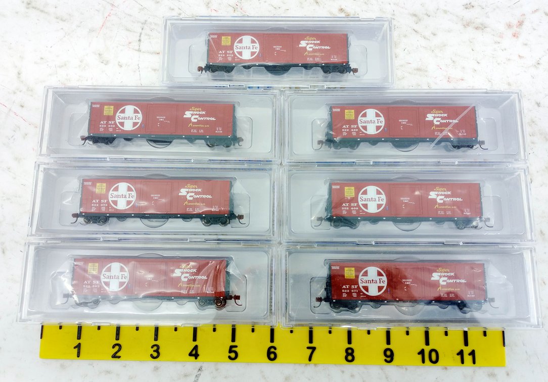 7 WHEELS OF TIME N SCALE SANTA FE SUPER SHOCK CONTROL BX-146 BOXCARS, 7 OBS INV 263330372