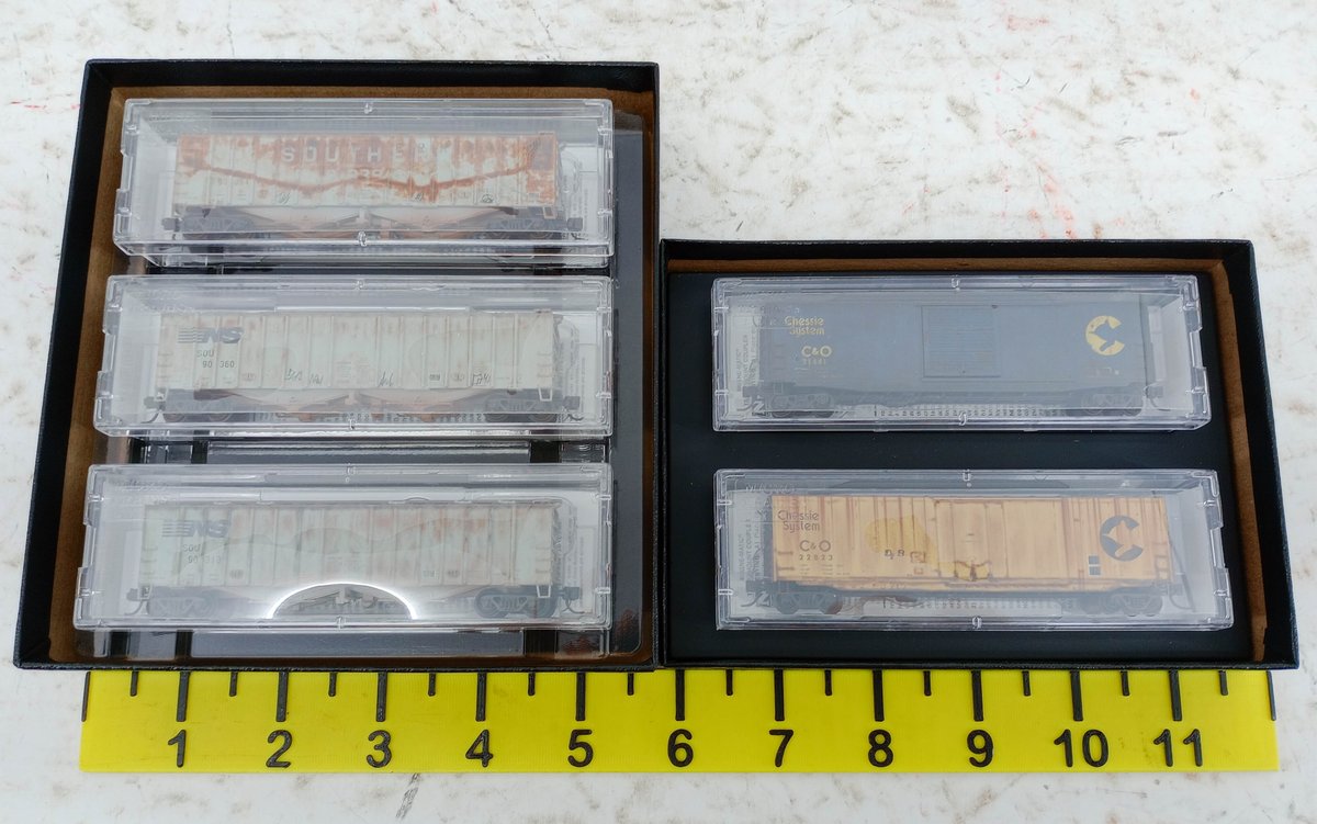 5 MICRO-TRAINS N SCALE WEATHERED NS/EX-SOU HOPPERS & C&O BOXCARS, 2 OBS INV 263330375