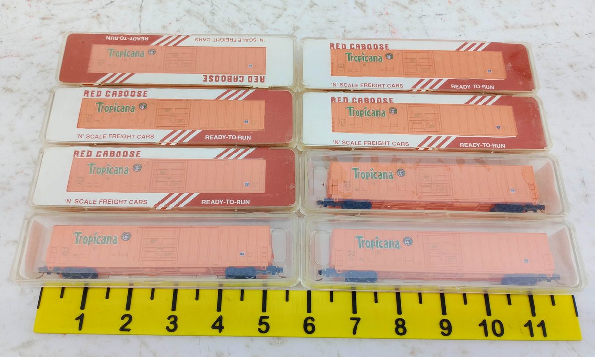 8 RED CABOOSE N SCALE TROPICANA PC&F 62FT BEER CARS, 8 OBS INV 263330384
