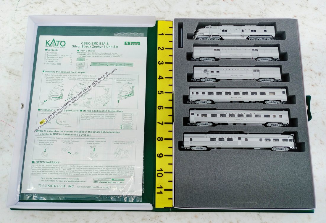 KATO 106-090-LS CB&Q EMD E5A & SILVER STREAK ZEPHYR 6 UNIT SET, N SCALE, OB INV 263330386