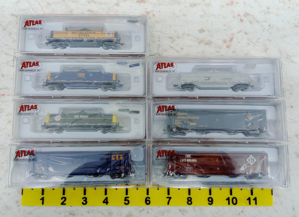 7 ATLAS N SCALE COIL STEEL CARS & AUTO PARTS BOX CARS, 7 OBS INV 263330400
