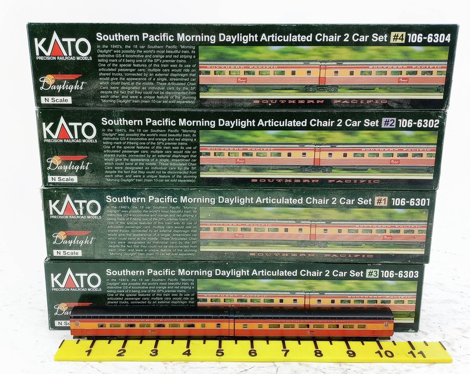 4 KATO N SCALE 106-6301-6304 SP MORNING DAYLIGHT ARTICULATED CHAIR 2 CAR SETS, 4 OBS INV 263330413