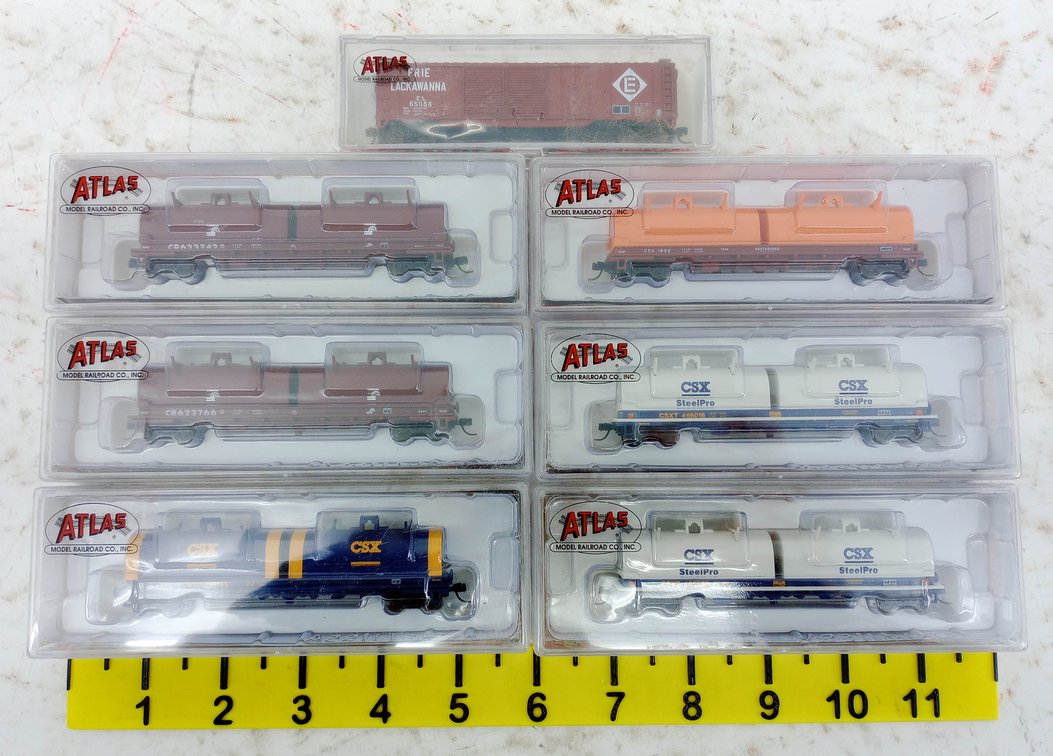 7 ATLAS N SCALE CUSHION COIL CARS & BOXCAR, 7 OBS INV 263330443