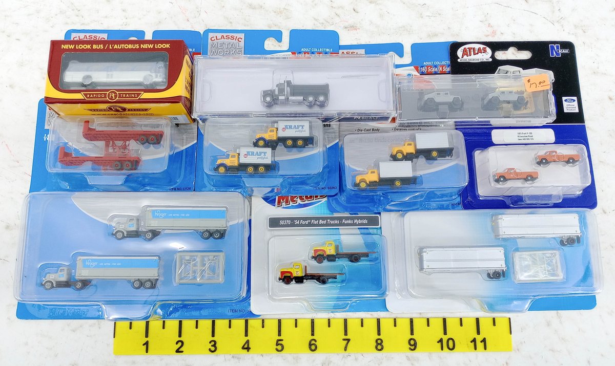 ASSORTED CLASSIC METAL WORKS & ATLAS N SCALE TRUCKS, BUS & TRAILERS INV 263330447