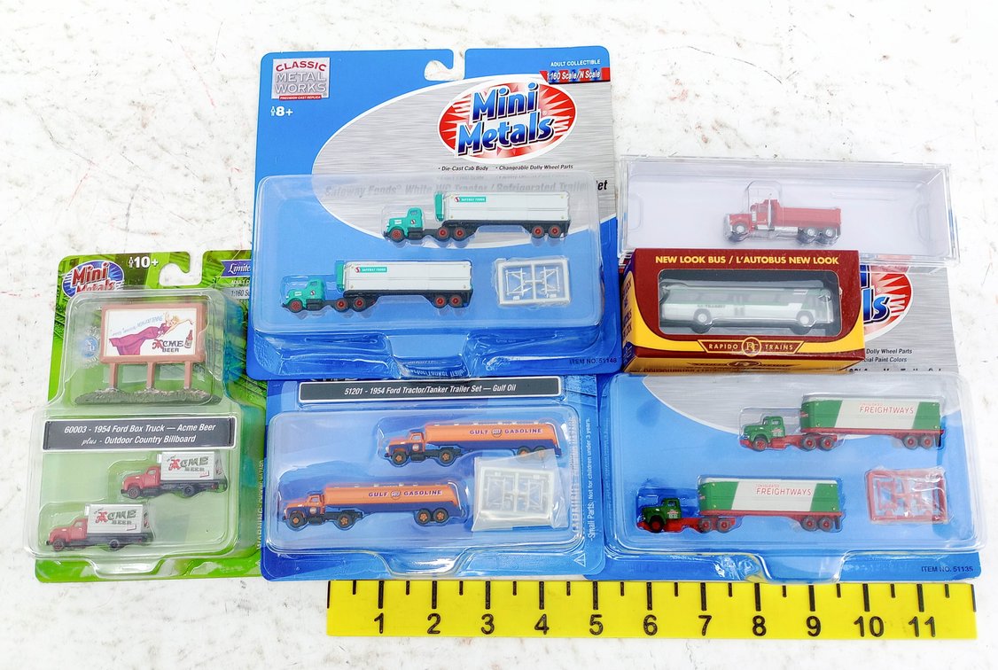5 MINI METALS N SCALE TRUCK SETS & RAPIDO NEW LOOK BUS, FREIGHTWAYS, GULF, ACME BEER, SAFEWAY INV 263330450