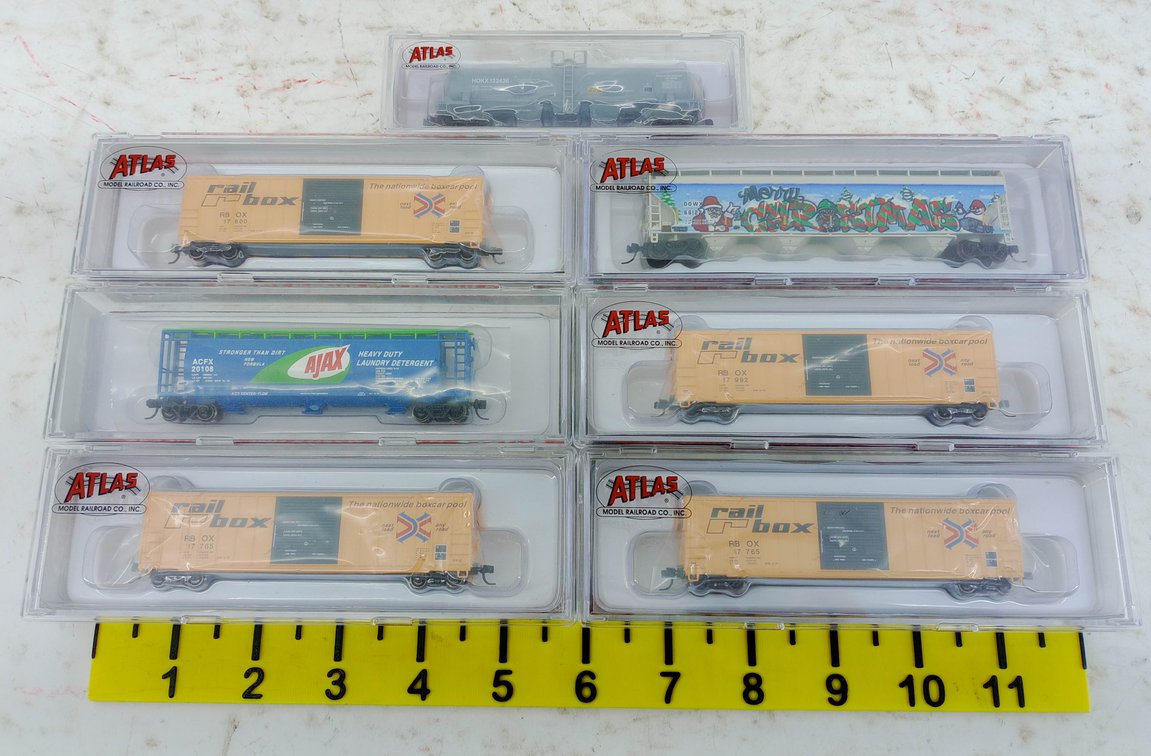 7 ATLAS N SCALE RAILBOX, AJAX, DOWX & HOKX FREIGHT CARS, 7 OBS INV 263330453