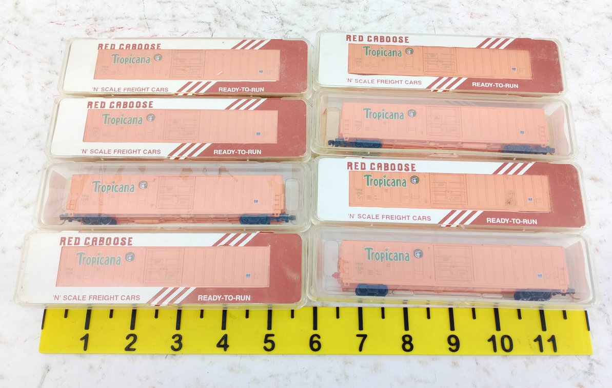 8 RED CABOOSE N SCALE TROPICANA 62FT BEER CARS TPIX, 8 OBS INV 263330454