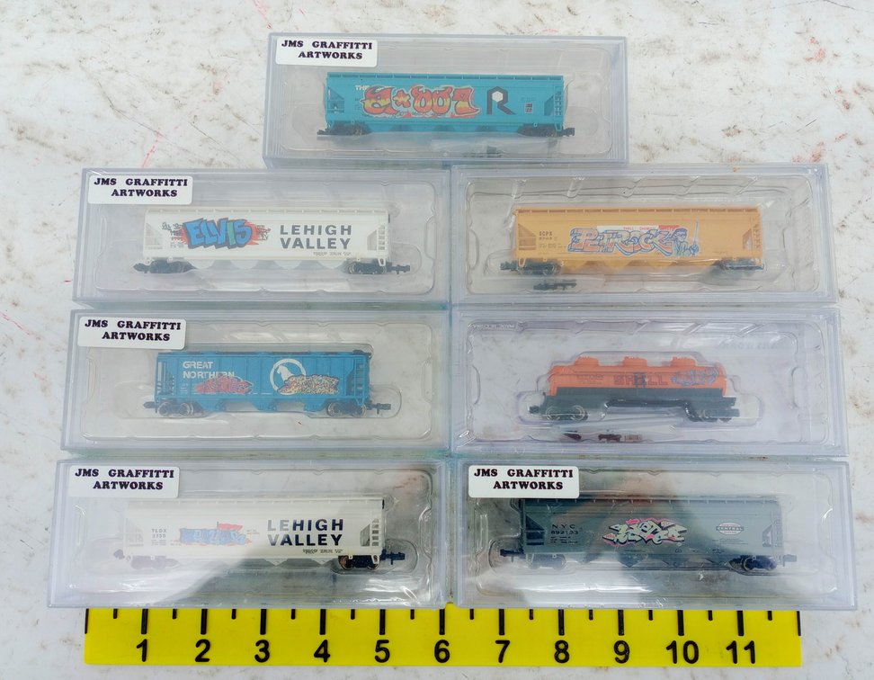 7 N GAUGE JMS GRAFFITTI ARTWORKS HOPPERS & TANK CAR, 7 OBS INV 263330456