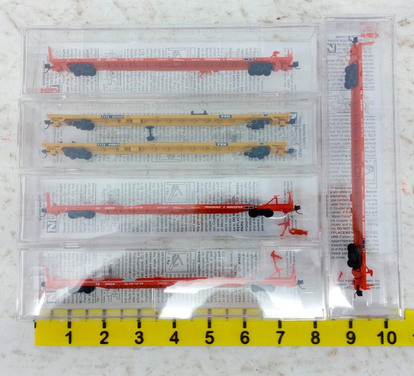 6 MICRO-TRAINS N SCALE PROVIDENCE & WORCESTER & FTTX 89FT FLAT CARS, 5 OBS INV 263330470