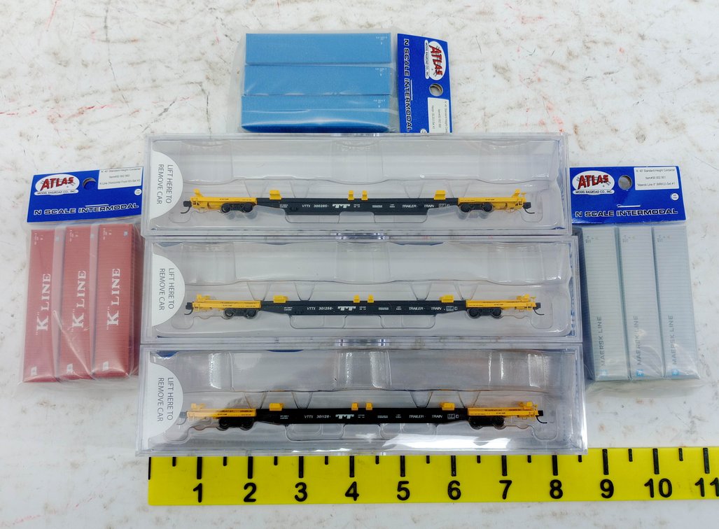 N SCALE G85 TRAILER TRAIN CONTAINER CARS W/ 9 ATLAS CONTAINERS, OBS INV 263330473