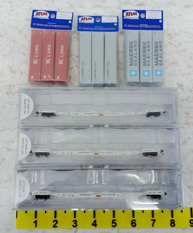 3 N SCALE NYC FLEXI-VAN FLAT CARS W/ 9 ATLAS MAERSK & K LINE CONTAINERS, OBS INV 263330475